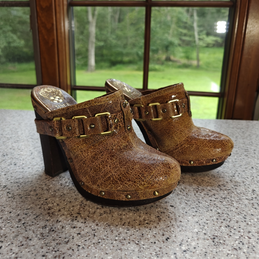Vince Camuto Brown Leather Clogs with Buckle Accents
